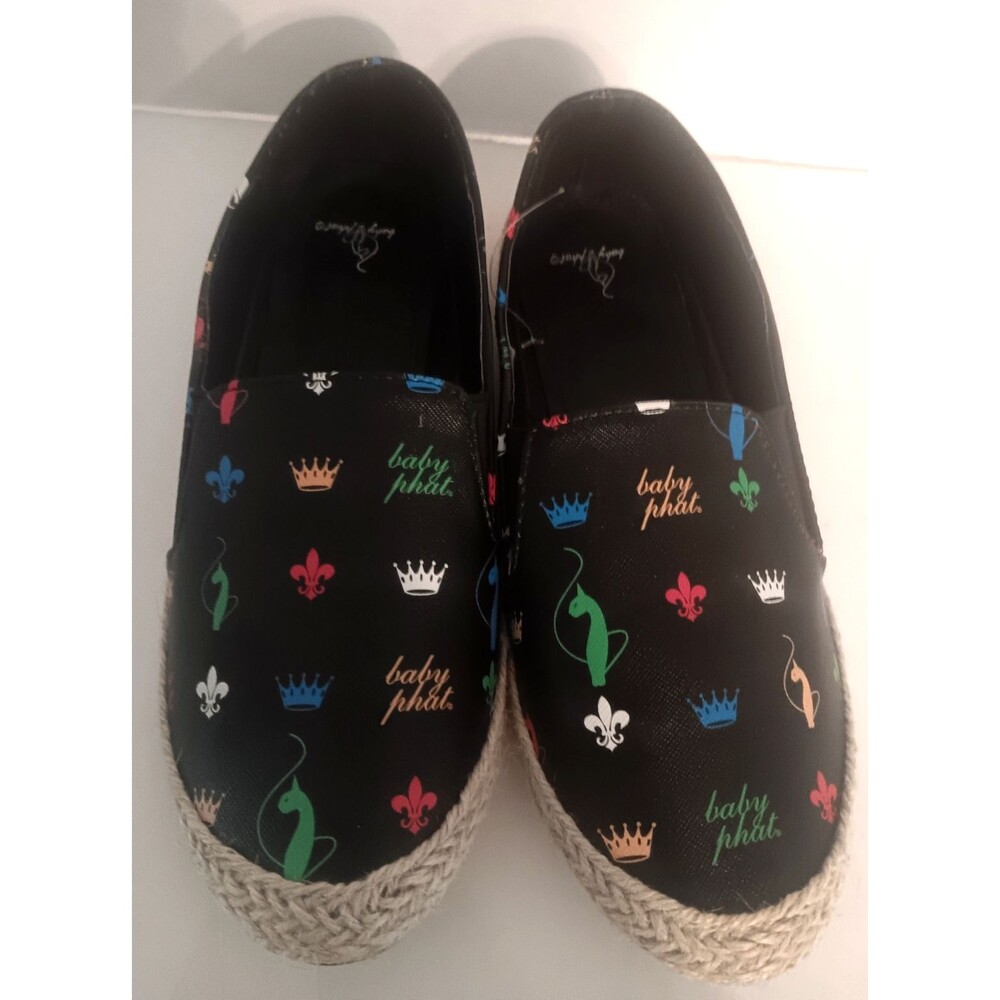 Baby Phat Logo Black Vegan Leather NEW Flats Espadrilles Sz 9 Jute